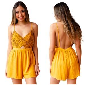 Le Lis Mustard Yellow Cutout Lace Romper - S
